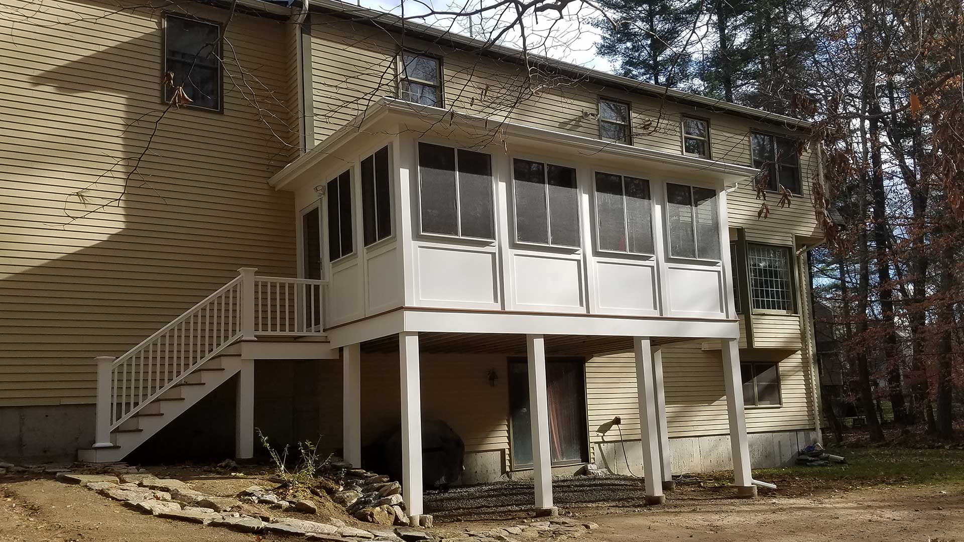 A porch addition we built that uses Azek decking and PVC trim.